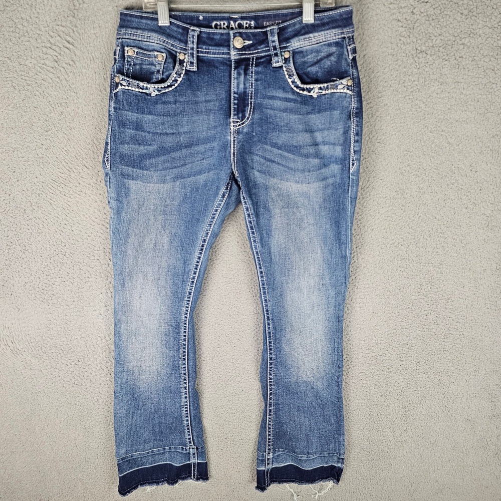 Grace in LA Jeans Womens 27 Blue Easy Fit Horseshoe Embroidered Frayed Hem Denim